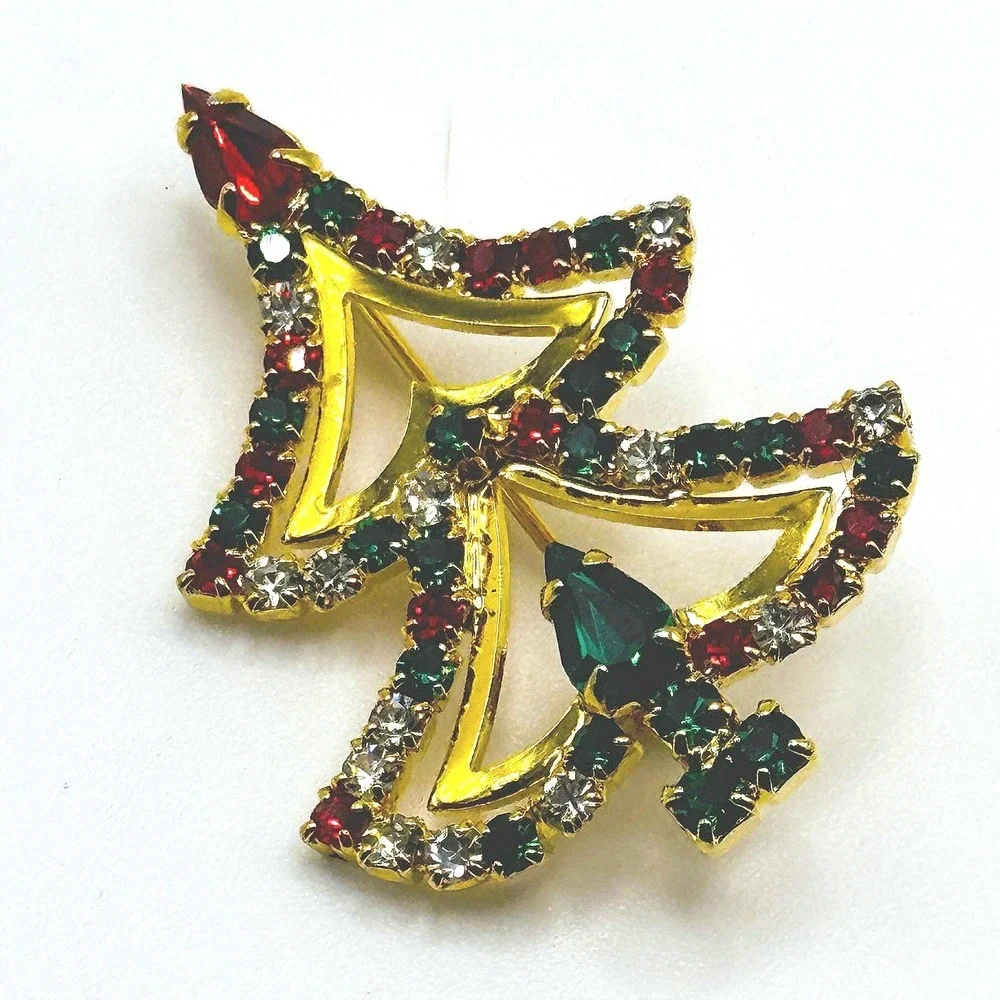 Vintage Christmas Tree Brooch Gold Tone Red Green Clear Rhinestone Holiday Pin